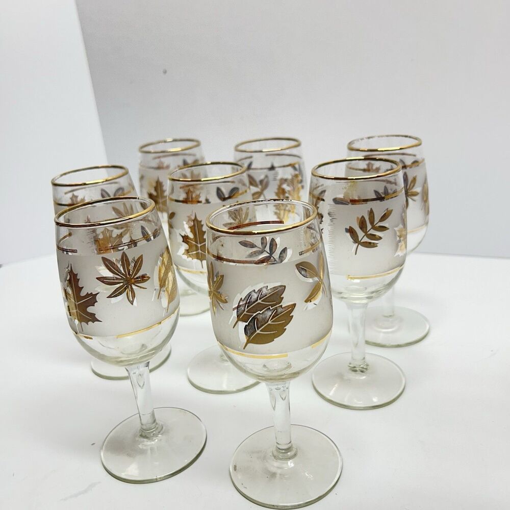 Libbey Glass Gold Foliage Gold Leaves Pattern Frosted Wine Glass Set of 8